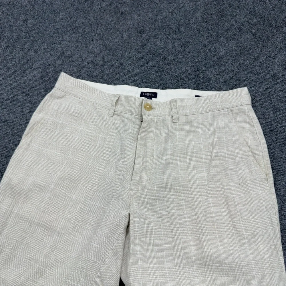 J Crew Pants Men 32x34 Beige Linen Cotton Plaid Straight Leg Chino Preppy Casual